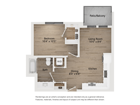 Floor plan for 1 bed, 1 bath, 567 sqft